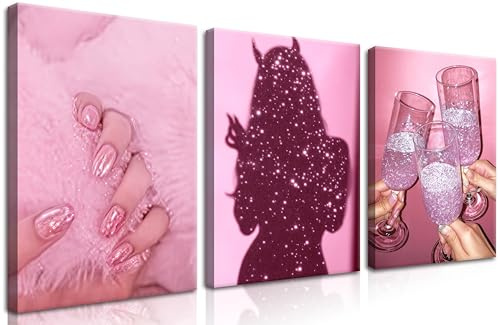 Set mit 3 ungerahmten rosa Glitzer-Wandkunst, Glam Girl, Leinwanddrucke, glitzerndes Champagnerglas-Poster, ästhetisches rosa Nagelkunst-Bild für Schlafzimmer, Schlafsaal, Schminktisch oder