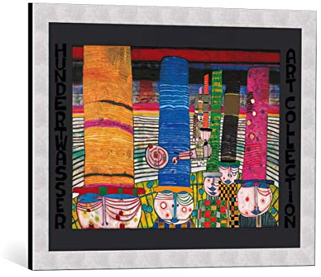 kunst für alle Bild mit Bilder-Rahmen: Friedensreich Hundertwasser Hüte tragen - dekorativer Kunstdruck, hochwertig gerahmt, 67x48 cm, Silber gebürstet