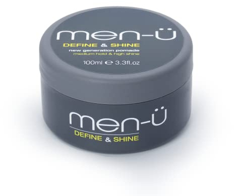 Men-u Pomade für Männer DEFINE & SHINE 100 ml – Haarpomade mit mittlerem Halt und hohem Glanz Hilft graues Haar zu straffen und leicht auszuwaschen – Herren-Haarprodukte von men-u, einwandiger 100 ml Styling-Puck.