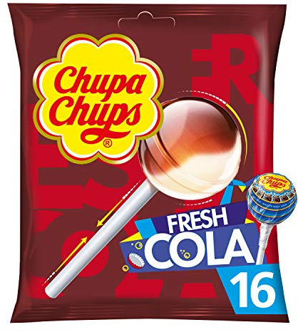 Chupa Chups - Sachet de 16 Sucettes Bonbons Fresh Cola - Parfums Cola et Cola / Citron - Sans Gluten, 0% Matières Grasses et Sans Édulcorants - Lot de 8 Sachets