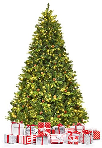 COSTWAY 210/225/240cm LED Künstlicher Weihnachtsbaum, Christbaum mit Klappsystem und Metallständer, Tannenbaum geschmückt, Kunstbaum Weihnachten ideal für Zuhause, Büro, Geschäfte und Hotels (225CM)