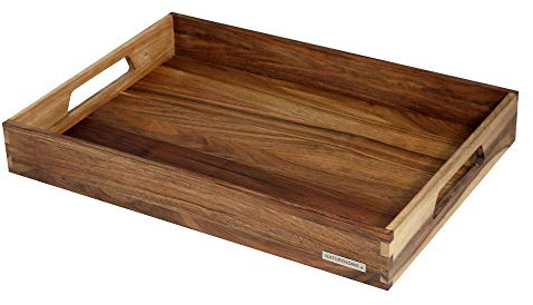 NATUREHOME Holz Tablett Serviertablett NH-B Massivholz im Landhaus Stil Dekotablett Frühstückstablett Elegantes Holztablett mit großen Griffmulden Nussbaum 50 x 35,5 x 7 cm