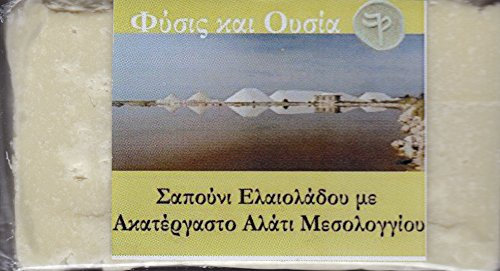 Griechische Seife mit Nativem Olivenöl Extra und Messolonghi Raw Salt 100gr / Handmade
