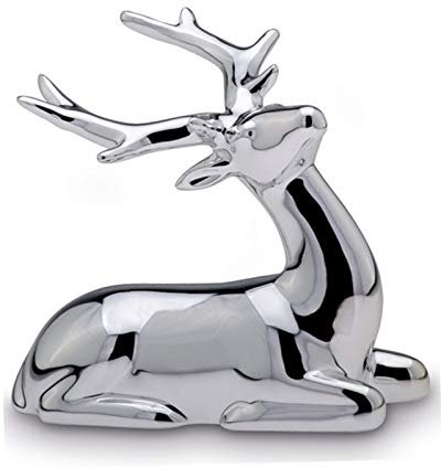 Kleine liegende Porzellan Deko Rentier Figur - silbern glänzende Hirsch Geweih Weihnachts-Deko zum Hinstellen Höhe 9 cm