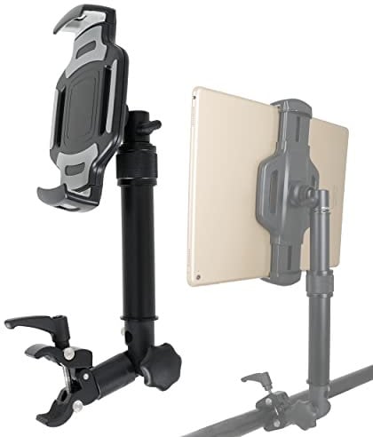 Photecs® Tablet-Halterung Pro V4-K2, höhenverstellbar mit Kniegelenk, für iPad Pro und andere Tablet-PC´s (von 6 bis 14 Zoll) an Rudergerät, Heimtrainer, Ergometer-Lenker, Kommissionierwagen etc.