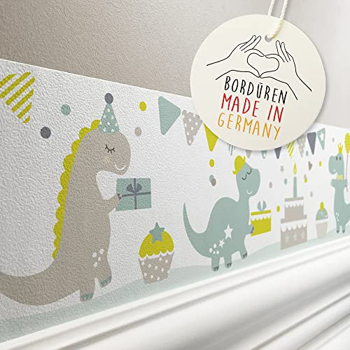 lovely label Bordüre selbstklebend DINO PARTY MINT LIMETTE - Wandbordüre Kinderzimmer Babyzimmer mit Dinosaurier - Wandtattoo Schlafzimmer Mädchen & Junge – Wanddeko Baby Kinder