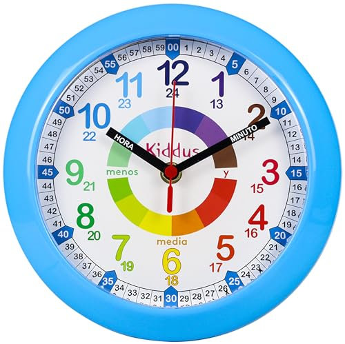 KIDDUS Wanduhr für Kinder. Analoger Zeitlehrer mit Zeitlernübungen. Stilles Uhr. Viele Sprachen. ESPAÑOL Azul