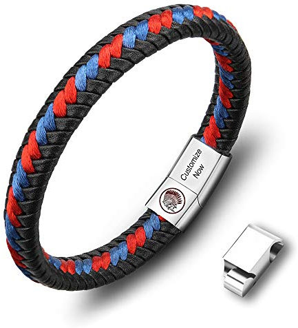 Casisto.J Lederarmband Herren Armband Herren Männer Leder Edelstahl Gravur Schwarz Braun Geflochten mit Magnet Verschluss (rot, 21)