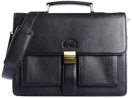 WILD WOODS Original AKTENTASCHE Leder XL LAPTOPFACH 15,6 Zoll große LEDERTASCHE Auch zum Umhängen Stabiles Rindsleder Schwarz