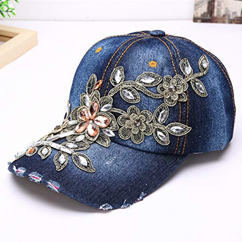 LONTG Baseballmütze Damen Mädchen Denim Blumen Diamant Baseball Cap verstellbar Sonnenschutz Schirmmütze Jeans Hüte für Freizeit, Reisen, Outdoor Sports