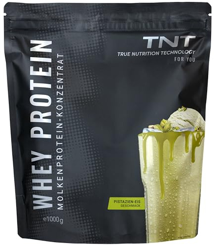 TNT Whey Protein Pulver - 1kg - Molkeprotein Konzentrat - Pistazien-Eis | Eiweiß Shake mit EAAs & BCAAs - Mit Laktase - Für Muskelaufbau & -erhalt - Post-Workout-Shake - 22g Eiweiß pro Portion