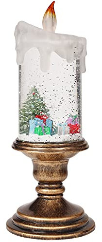 BELLE VOUS Velas Led Globo de Navidad - Adornos Escena Árbol de Navidad 26 x 10 cm – Velas Sin Llamas Farolillo Navidad con Agua Remolino con Base Color Bronce para Centro de Mesa en Navidad