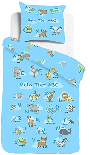 ESPiCO Kinderbettwäsche Sleep and Dream Mein Tier ABC Wolken Elefant Löwe Zebra AFFE Buchstaben Renforcé, Größe:135 cm x 200 cm