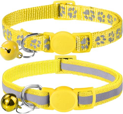 Taglory Collar Gato Reflectante, 2 Piezas Collares para Gatos con Cascabeles y Hebilla Seguro de Liberación Rápida, 19-32cm Amarillo