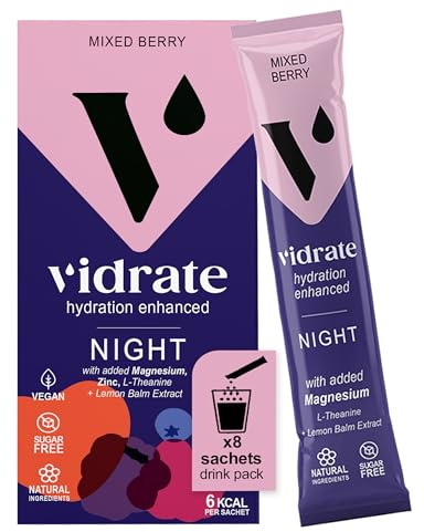 Vidrate Elektrolytpulver ohne Zucker, Night Time Mixed Berry, 8 Beutel | Elektrolyte, Vitamine, ohne Zucker, mit L-Theanin, ohne künstliche Süßstoffe, abendliche Rehydration, kalorienarm