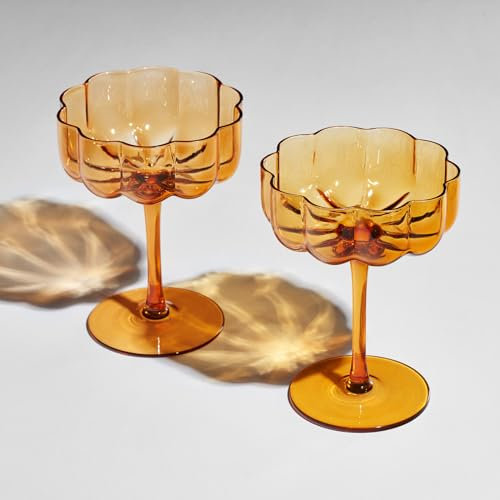 The Wine Savant Khen Flower Vintage Wavy Glass Coupes Martini, Champagne & Cocktail Coupes - Set of 2-7oz Colorful Cocktail Glasses & Champagne, Prosecco, Mimosa Glassware Copyright Design - Amber
