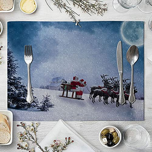 KnSam Platzset Kinder 8er Set, Santa Claus Schlitten Platzdeckchen Baumwolle Leinen, Hitzebeständige Tischunterlage Platz-Matten Rot Blau für Küche Hause Restaurant, 32x42cm