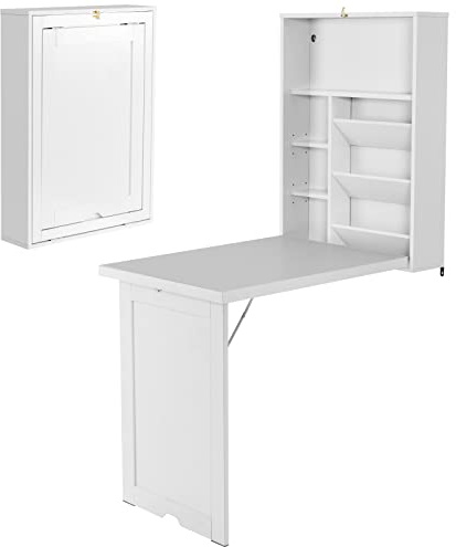 LIFEZEAL fällbart väggbord, infällbart väggbord, trä, platsbesparande skrivbord, 95 x 56 x 151 cm, datorbord med hylla, vitt fällbord matbord för kök arbetsrum