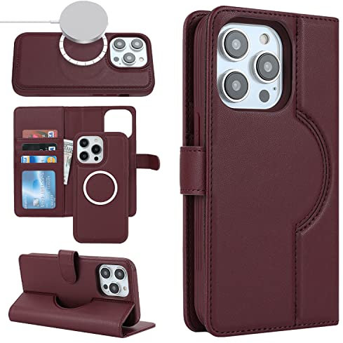 Cavor iPhone 14 Pro Case Magsafe With Card Holders - Flip Leather Wallet, Detachable 2 in 1, Magnetic Closure - Red