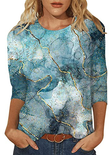 HOOUDO Damen 3/4 Ärmel Bluse Lässige Sommeroberteile für Damen mit Dreiviertelärmeln, Rundhalsausschnitt, Vintage-Print, Grafik-T-Shirt Silber Oberteil