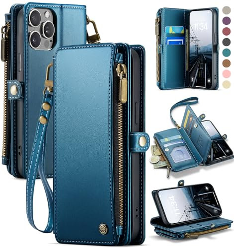 Defencase for iPhone 12/12 Pro Case, RFID Blocking for iPhone 12 Wallet Case for Women Men with Card Holder, Zipper Magnetic Flip Leather Strap Protective Cover for iPhone 12/Pro Phone Case, Dark Blue