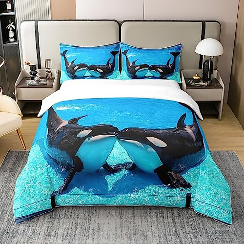 Kawaii Killer Whale 100% Baumwolle Bettbezug 135x200,3D Wal Tröster Bezug für Jungen Mädchen Teens,Marine Life Bettwäsche,Hawaii Ozean Wave Quilt Cover,Aquarium Sea Tier Bett Set mit Reißverschluss