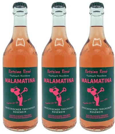 Retsina Malamatina rosé 3x 0,5l | Geharzter Roséwein aus Griechenland | +20ml Jassas Olivenöl