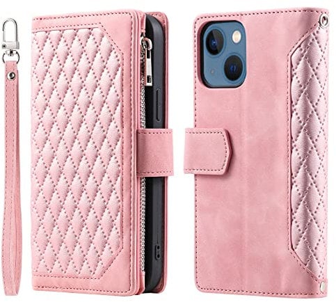 Unichthy For iPhone 15 Plus Zipper Case for Women 7 Card Slots with Strap Shockproof Leather Flip Wallet Purse Handbag Zip Pocket Phone Cover Magnetic Stand Shell for iPhone 15 Plus Rose Gold