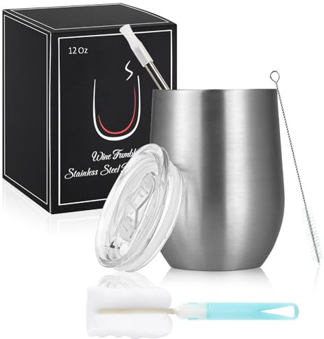 Joymaking Gobelet à vin en acier inoxydable Stemless avec couvercle, double paroi incassable gobelet de voyage pour le lait, le café, le vin, la bière, le champagne, les cocktails, argent
