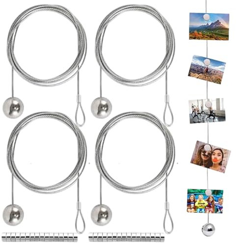 Confezione da 4 Porta Foto da Murofilo Appendi Foto 2 m x 1,5 mm Fili Foto Parete con 48 Bottoni Magnetici Griglia per Foto da Appendere Corda per foto per Appendere Cartoline Fotografiche
