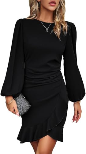 TcIFE Womens Casual Dress Long Sleeve Ladies Bodycon Ruched Ruffle Hem Mini Dress Slim Fit Elegant Sexy Party Club Dresses, Black, L