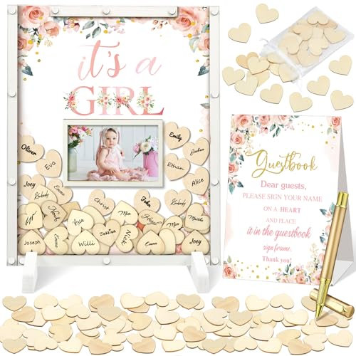 Beeveer Gästebuch mit Blumenmuster, 65 Stück, für Babypartys, mit 60 Holzherzen, für Babypartys, Bilderrahmen-Dekorationen für Geburtstag