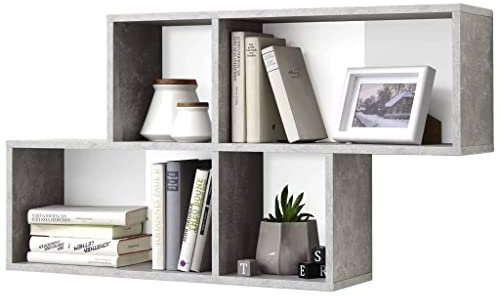 FMD Wandregal mit 4 Fächern Betonoptik und Weiß, Wandregal Regale Wand Sideboard Bücherregal für Wohnzimmer, Schlafzimmer und Büro