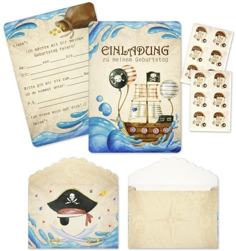 Xionghonglong 12x Piraten Einladungskarten Kindergeburtstag,mit Umschlägen & Stickern,Piraten Geburtstag Einladung, Kindergeburtstag Partyeinladungen,für Mädchen und Jungen Geburtstagseinladungen
