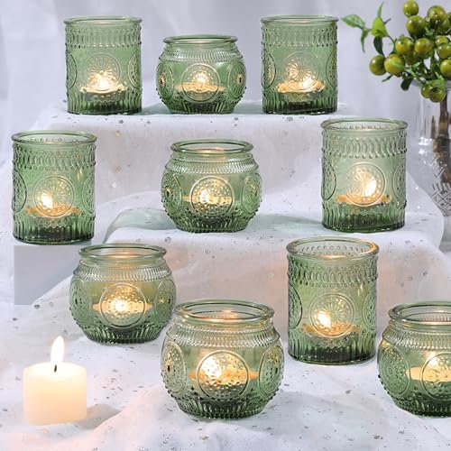 DARJEN 12Pcs Green Votive Candle Holders - Glass Tea Light Candle Holder for Wedding Shower, Candle Holder Bulks for Wedding & Home Table Decor, Vintage Parties Gifts