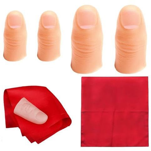 DNSHAN 4 Stück Zaubertrick Finger, Zauberdaumen Trick, Finger Zauber Tricks, Zauber Zubehör Finger, Zauber Tricks Künstliche Finger und 1 Stück Rot Training Tuch für Zauberartikel Party