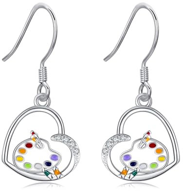 Boucles d'oreilles artistiques en argent sterling - Palette de peinture - Pinceaux - Pendants d'oreilles - Bijoux d'artiste - Cadeau pour femme, Pas de gemme