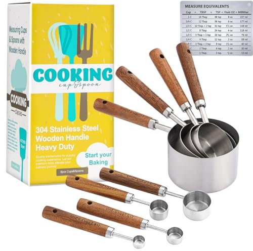Measuring Cups and Spoons Set with Wooden Handle, 8 Pieces Stainless Steel Measuring Spoon and Cup with US Measurements for Baking and Cooking Sliver