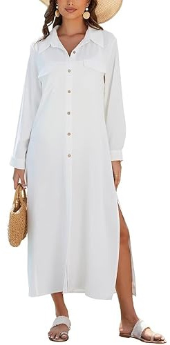 Bsubseach Long Sleeve Button Down Maxi Beachwear Shirt Cover Up | Long Sleeve Maxi Shirt Dress with Button Down Front and 2 Chest Pockets, Relaxed Straight Fit, High Side Slits