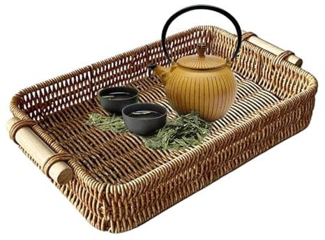 Mbiyhgta Rattan Serving Tray, Rectangular, Rectangular Woven Tray, Basket Trays For, Hand-Woven Rattan Tray with Handle, Decorative Food Tray, Coffee Table Tray for Home Decoration
