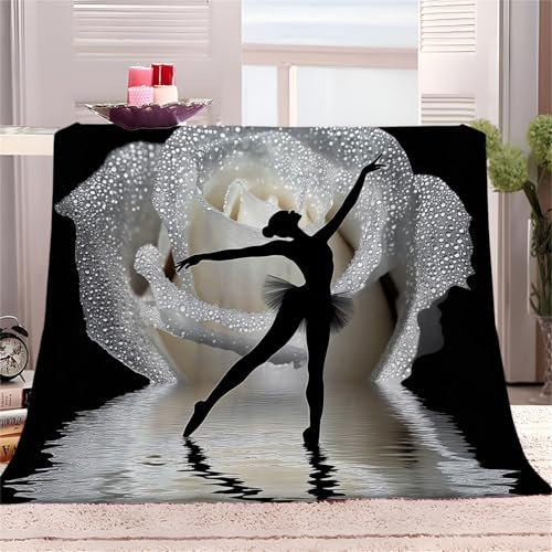 Rosen Kuscheldecke Flauschig 150x200 cm Ballerina Druck Fleecedecke Weiche Sofadecke Fleecedecke Mikrofaser Wohndecke Pflegeleicht Warm Gemütlich für Erwachsene und Kinder