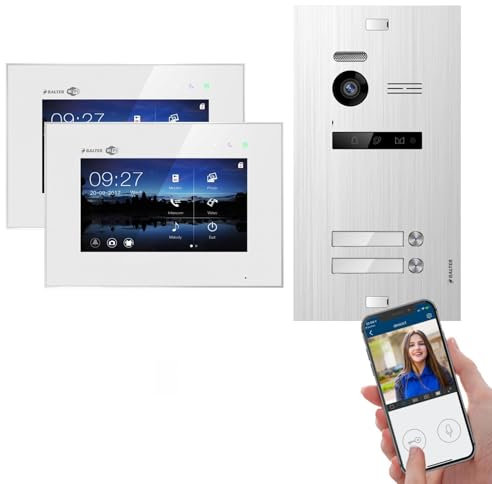 Egtech Balter EVO Video Türsprechanlage, Video Türklingel, Smartphone App, 2 Familienhaus Klingel, 7 Zoll Monitor, Kamera, 2 Draht Bus, Gegensprechanlage mit 150° Weitwinkel - 2 Monite (Mit App)
