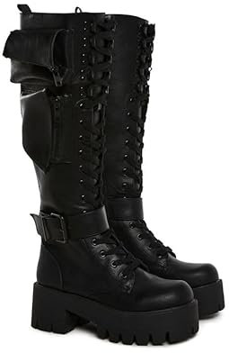 Dolls Kill Obsidian Pocket Platform Boots von Current Mood - Veganes Leder Kniehohe Stiefel für Grunge Fashion, Schwarz, 42 EU