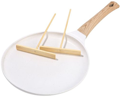 Exyvox Poêle à crêpes antiadhésive de 24 cm avec revêtement antiadhésif en granit suisse, poignée en bakélite, compatibilité CEM, sans PFOA- Beige