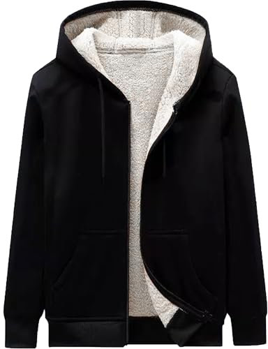 WJL WHISPERING JONES LONDON Mens Classic Hooded Sherpa Fur Lined Padded Fleece Jacket Hoodie Full Zip Menswear Hiking Warm Outdoor Coat S-XXL, Black, L