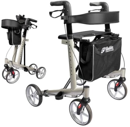 Mobilex Panther 2 Rollator, Aluminium Leichtgewicht 6,8 kg, Faltbar, mit Rückengurt und Tasche, bis 150 kg belastbar, Silber-Schwarz