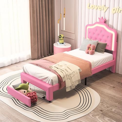 Kinderbett Polsterbett,Polsterbett 90x200 cm für Kinder Gepolstertes Bett für Kinder Prinzessinnenkrone mit LED Einzelbett mit Kopfteil und Lattenrost Jugendbett für Mädchen mit Schublade (Rosa+PU）