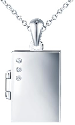 MICSAVI Medaillon kette silber 925 für damen mädchen kinder, foto halskette für frauen personalisierte kette für bilder, Quadratischer anhänger in buchform mit 3 zirkonia, Kette 45+5cm