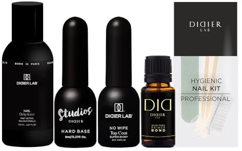 DIDIER LAB Premium Gel Nail Polish Starter Set HEMA Free - Nail Dehydrator and Acid Free Nail Primer - Fiber Hard Base Coat and No Wipe Gel Top Coat Super Shiny - Hygienic Manicure Nail Kit