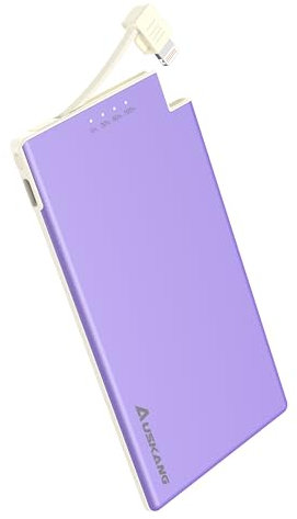 Auskang 5000mAh Power Bank with built-in Cable,(Excluding iPhone15/16) Ultra Slim and Super Lightweight Portable Charger Small External Battery,Compatible with iphone14/13/12 -Purple+White